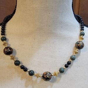 Vintage Black Swirl Beaded Necklace Painted Glass Statement Beads 18”